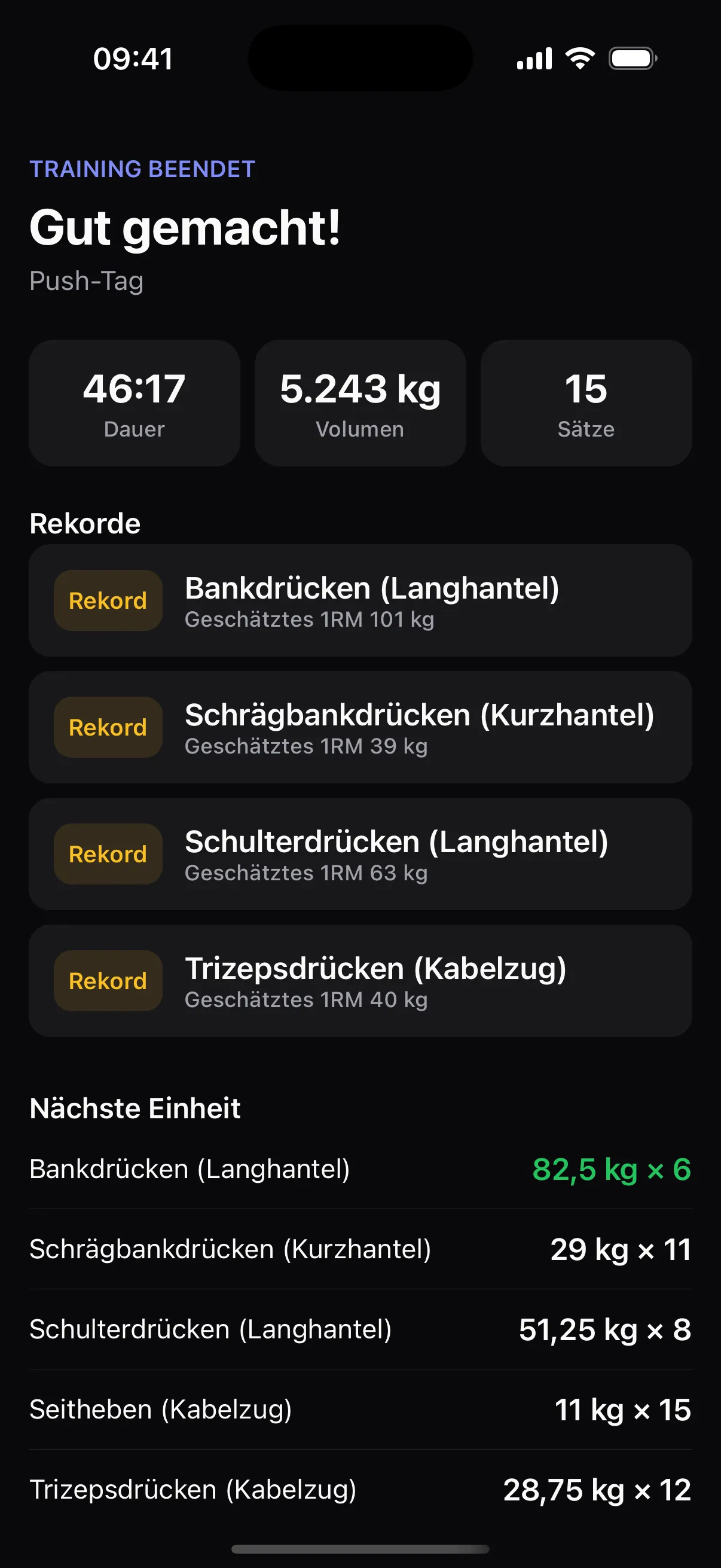 Trainingsübersicht und neue Rekorde